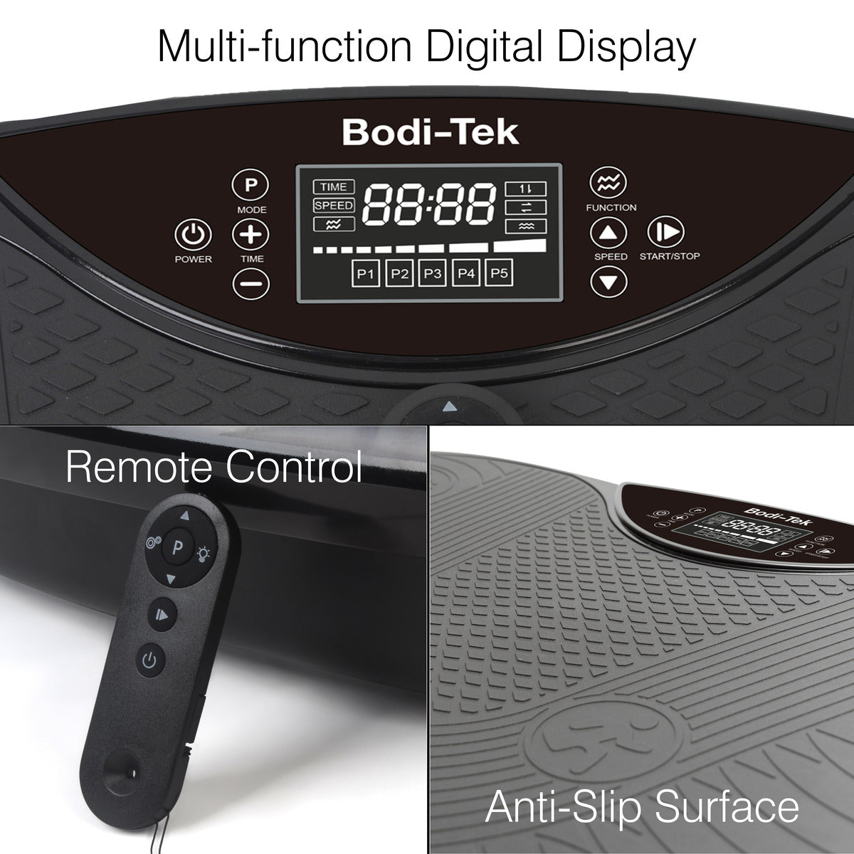 Collage showing the 4D Vibration Plate Exercise Machines digital display, close-up of its remote, and anti-slip surface. Text reads: Multi-function Digital Display, Full Body Workout, and Anti-Slip Surface.