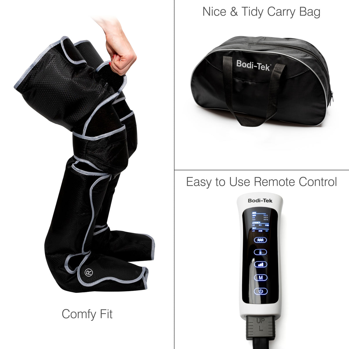 Three images: a hand adjusts the black Comfort360° Air Compression Full Leg Massager Boot, a zippered carry bag labeled Bodi-Tek, and a white remote with blue-lit buttons also labeled Bodi-Tek.