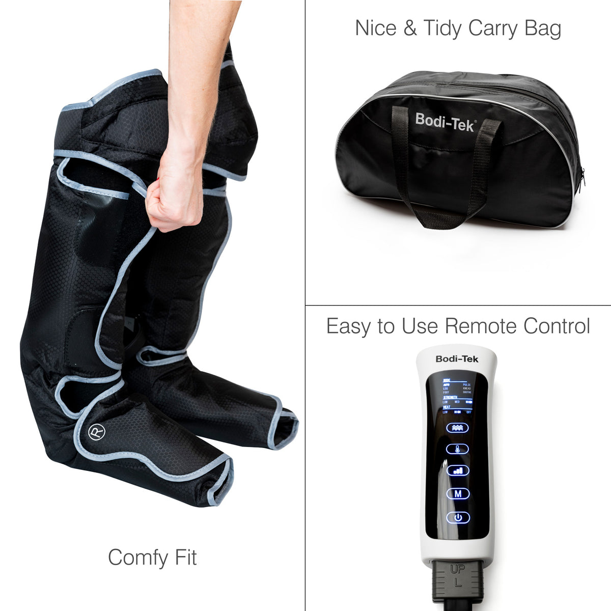 Three images: an arm pulling on Comfort360° Air Compression Half Leg Massager Boot sleeves, a black Bodi-Tek carry bag, and a white remote control with buttons for massage programs.