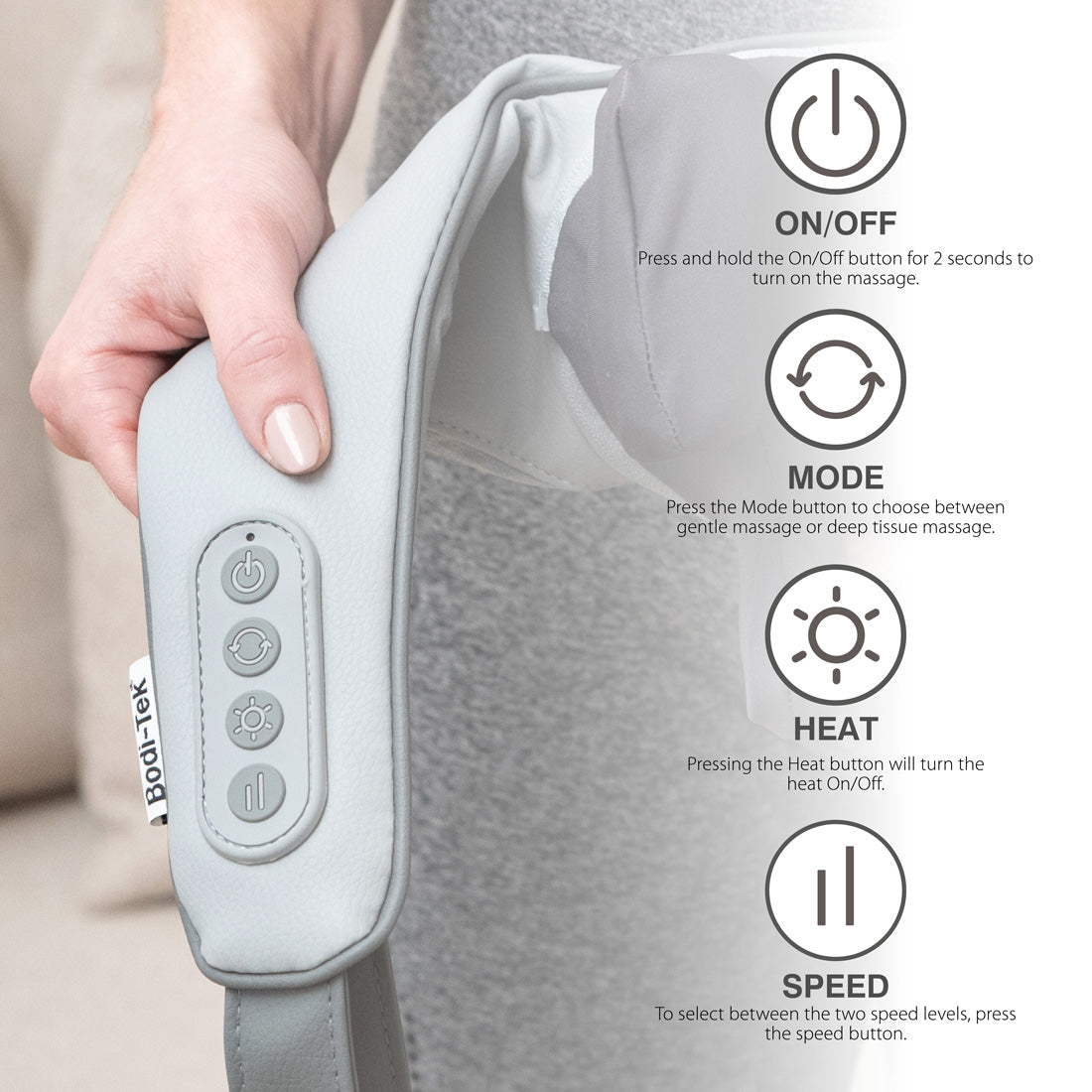 A person holds the Ona Neck & Shoulder Massager in grey, featuring control buttons. Icons indicate on/off, mode, infrared heat, and speed for deep tissue relief with brief instructions. The Boditrek logo appears on a tag.
