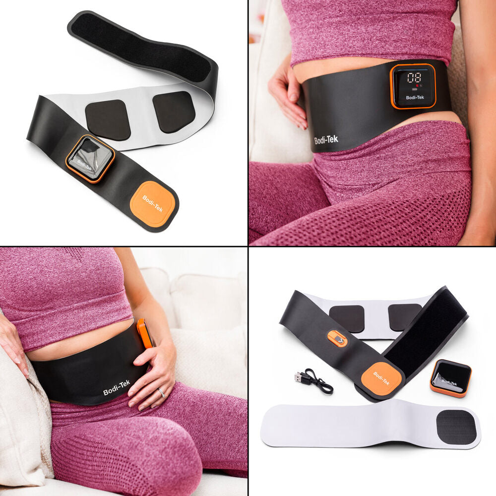 A collage features the Ab & Back Muscle Strengthener with heat: close-ups of the black and orange belt, the device worn on a womans midsection over pink leggings, plus its accessories like a charging cable.