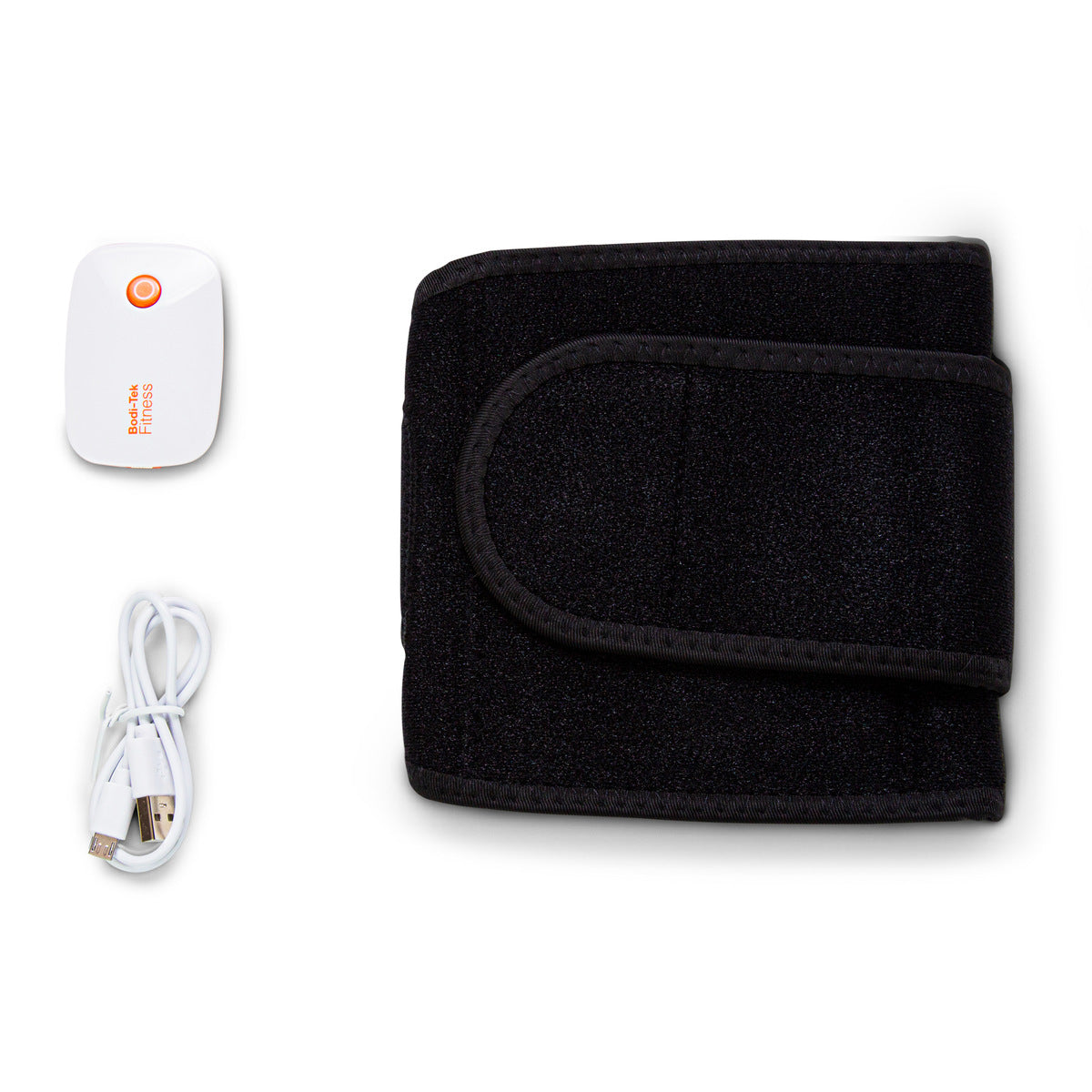 A black adjustable fabric band, a white USB charging cable, and a compact white device with orange accents—all included with the Smart Fitness EMS Muscle Toning Belt for effective waist toning and abs firming.