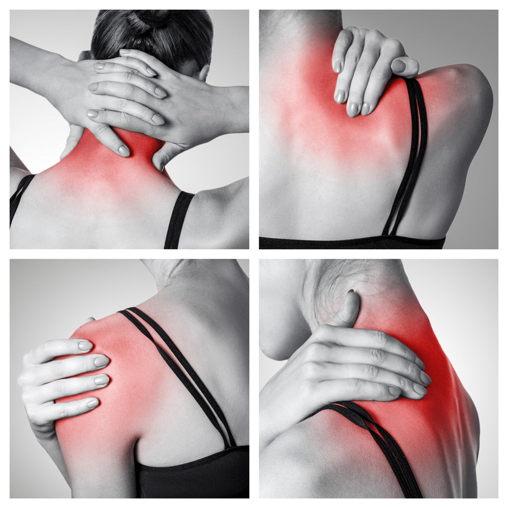 A collage of four images highlights areas of neck and upper back pain in red on a woman, emphasizing the need for muscle recovery with the SPORTS PERCUSSION MASSAGE GUN WITH LATERAL ACTION BELT.