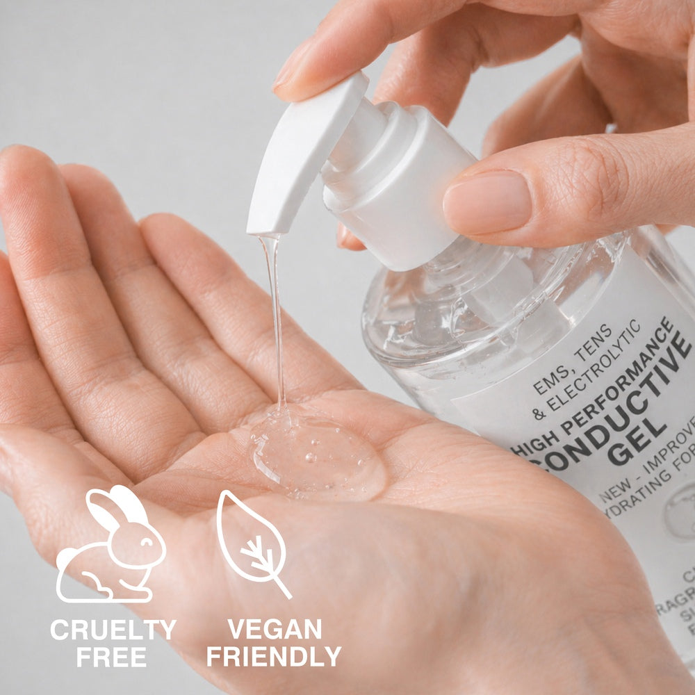 A person dispenses EMS, TENS, Electrolytic and Micro-Current Toning Conductive Gel (2 x 250ml) from a pump bottle onto their palm. Icons show it's cruelty free and vegan—ideal as a microcurrent device gel.