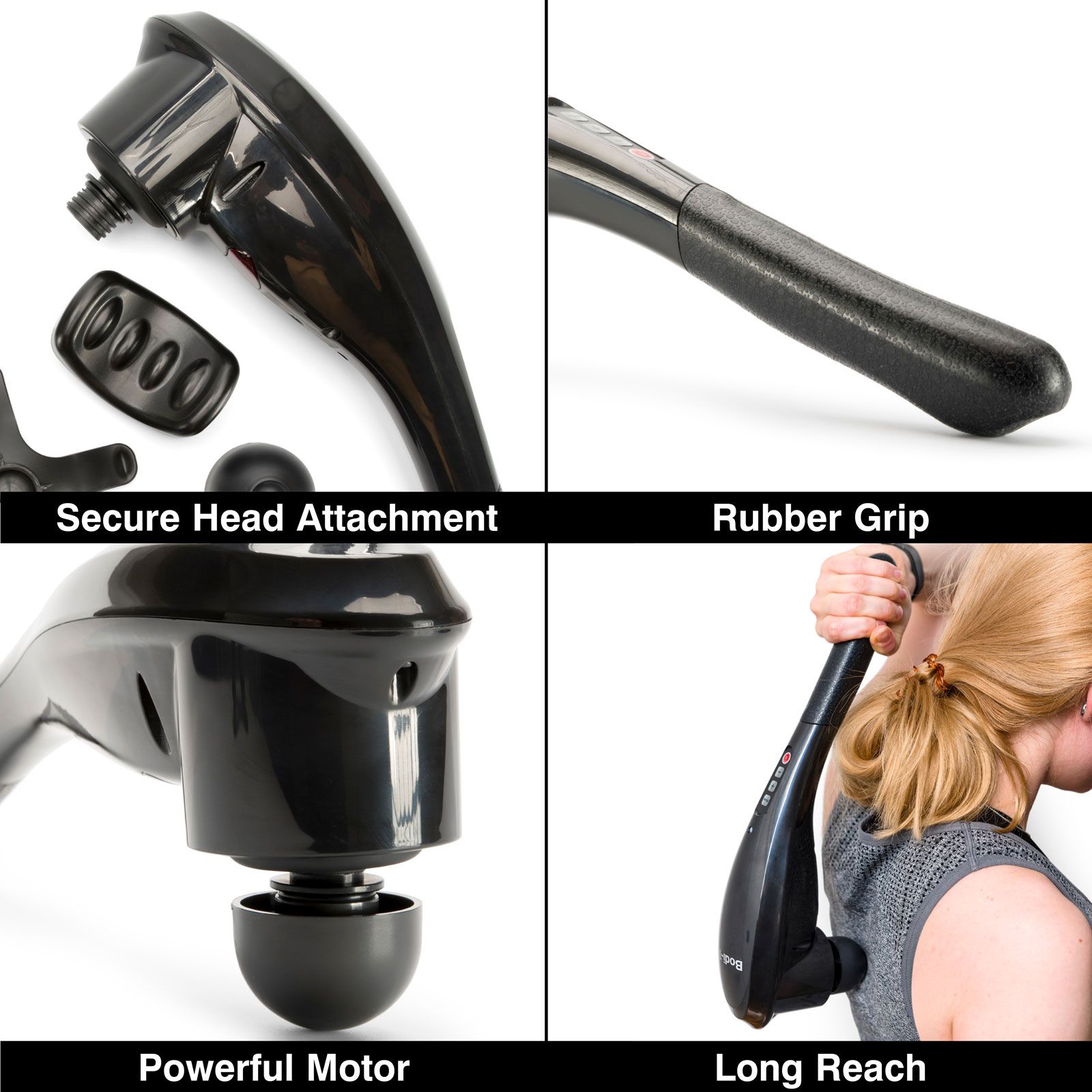 A four-panel image displays the Deep Tissue Cordless Percussion Massager: secure head attachment, rubber grip, powerful motor, and long-reach use for upper back relief. Each feature is highlighted with bold labels.