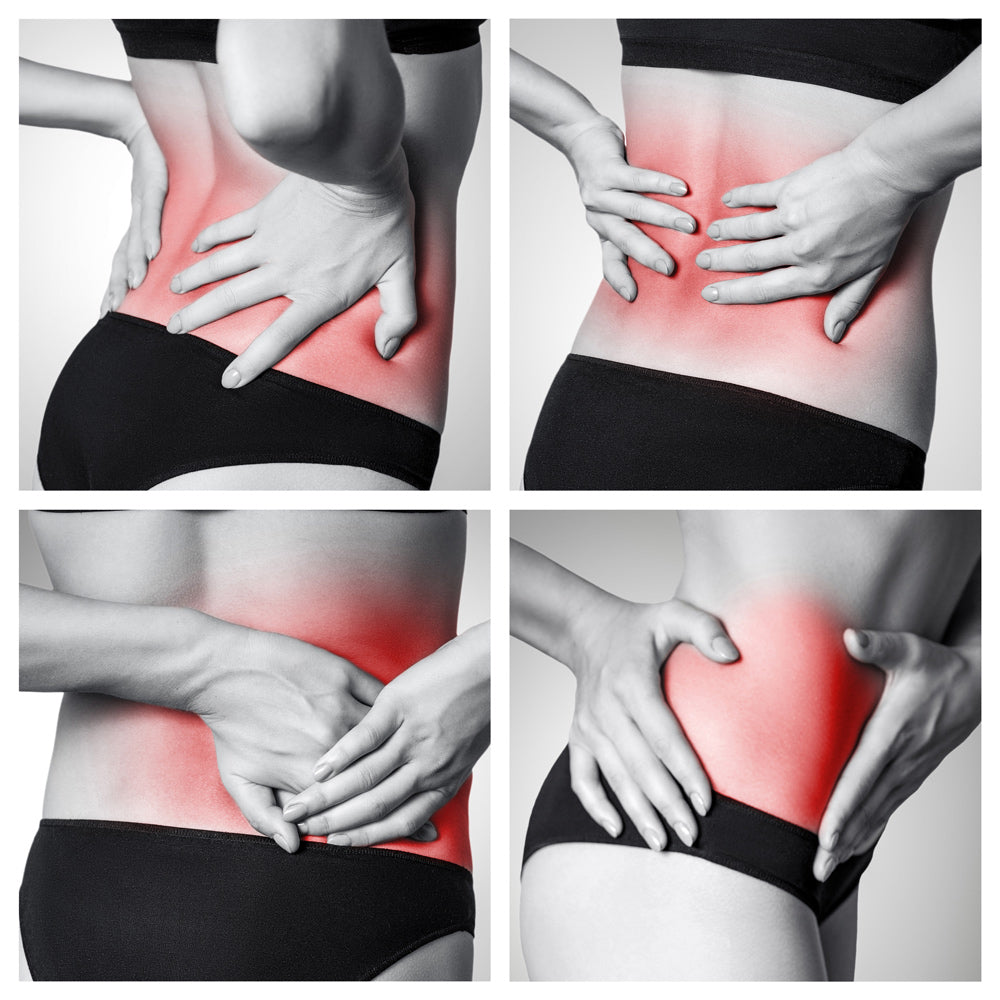 A collage of four images shows a person in black underwear holding their lower back and side with red shading for pain, ideal for illustrating the need for recovery tools like the SPORTS PERCUSSION MASSAGE GUN WITH LATERAL ACTION BELT.
