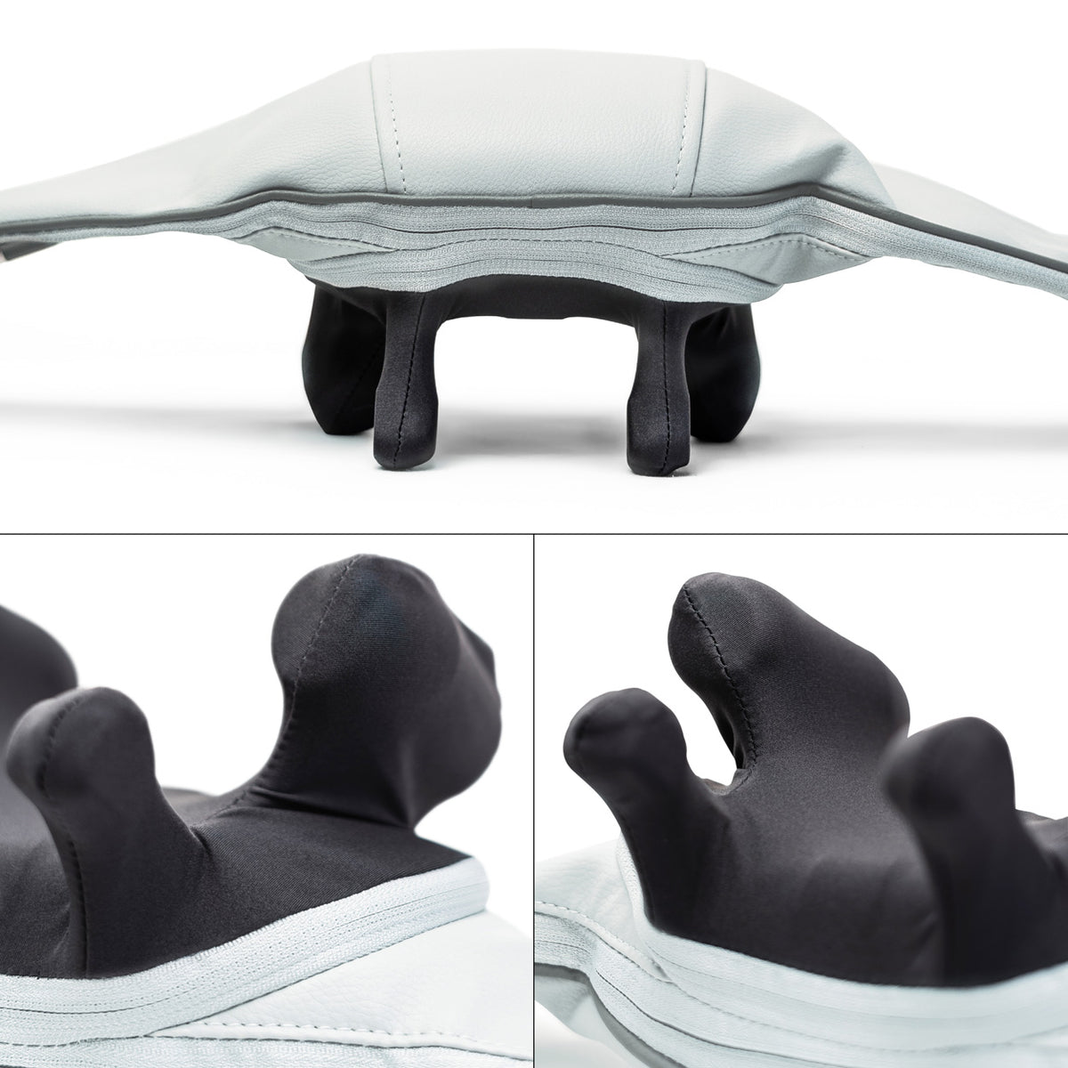Close-up images of the Ona Neck & Shoulder Massager, featuring three black, finger-like nodes on a white base, shown from multiple angles and designed as an ergonomic accessory for deep tissue relief.