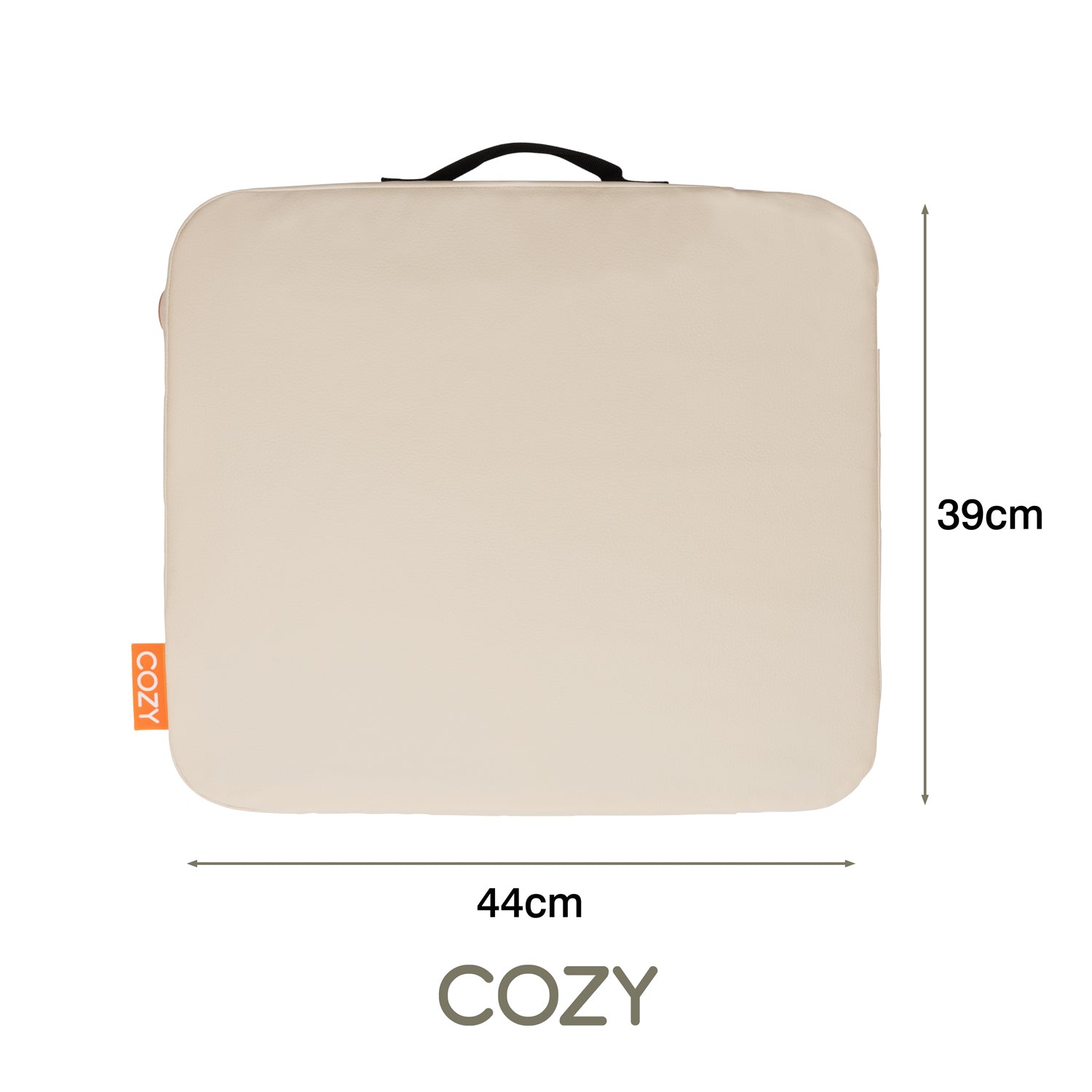 The COZY Cordless Heated Seat Pad - JORD is a rectangular beige portable cushion with a black handle, orange COZY tag, and measures 44 cm x 39 cm. COZY is printed below the seat.