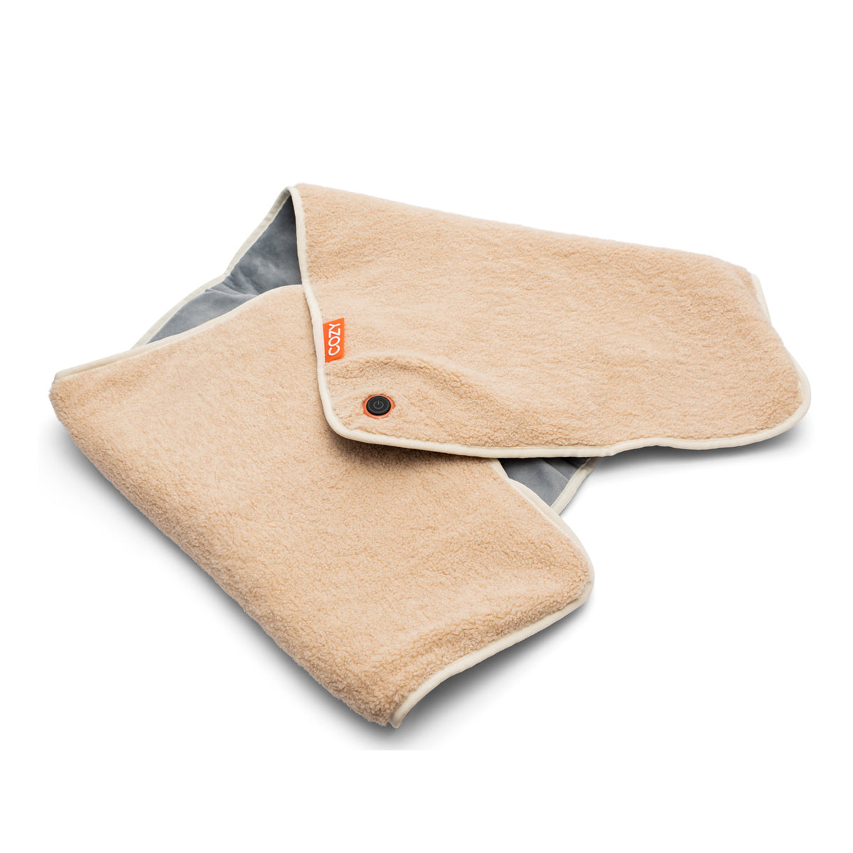 The COZY Heated Throw & Seat Cover Pad - JORV is a beige, soft, fleece-like blanket with a snap button and visible gray inner lining, shown flat on a white background.