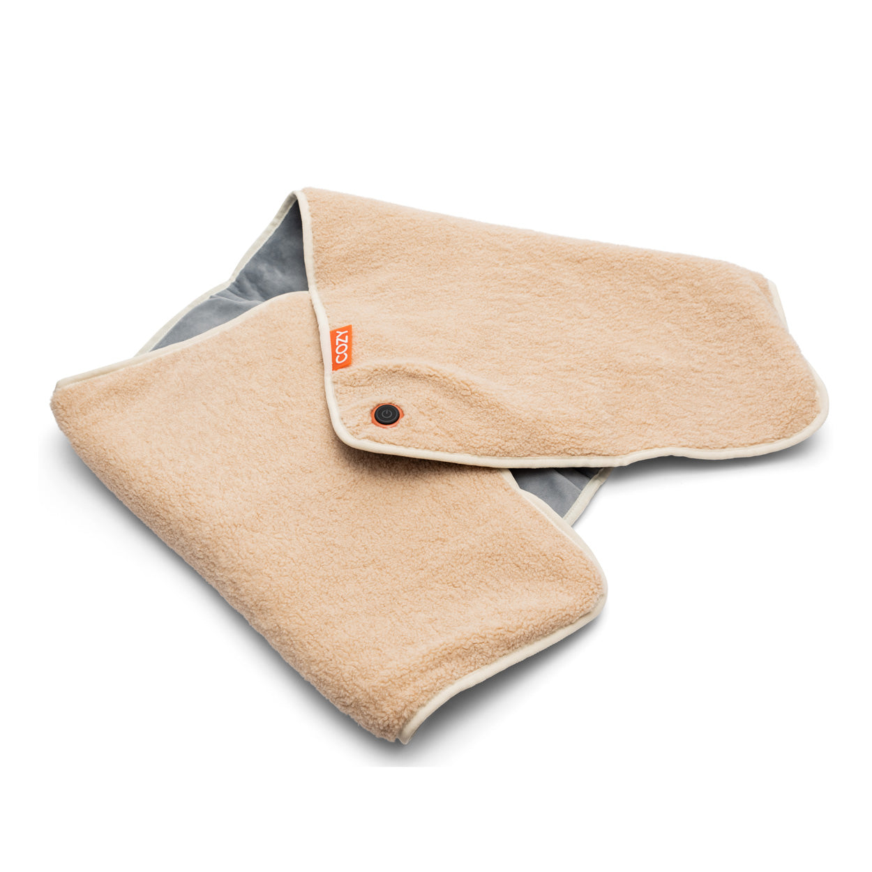 The COZY Heated Throw & Seat Cover Pad - JORV is a beige, soft, fleece-like blanket with a snap button and visible gray inner lining, shown flat on a white background.