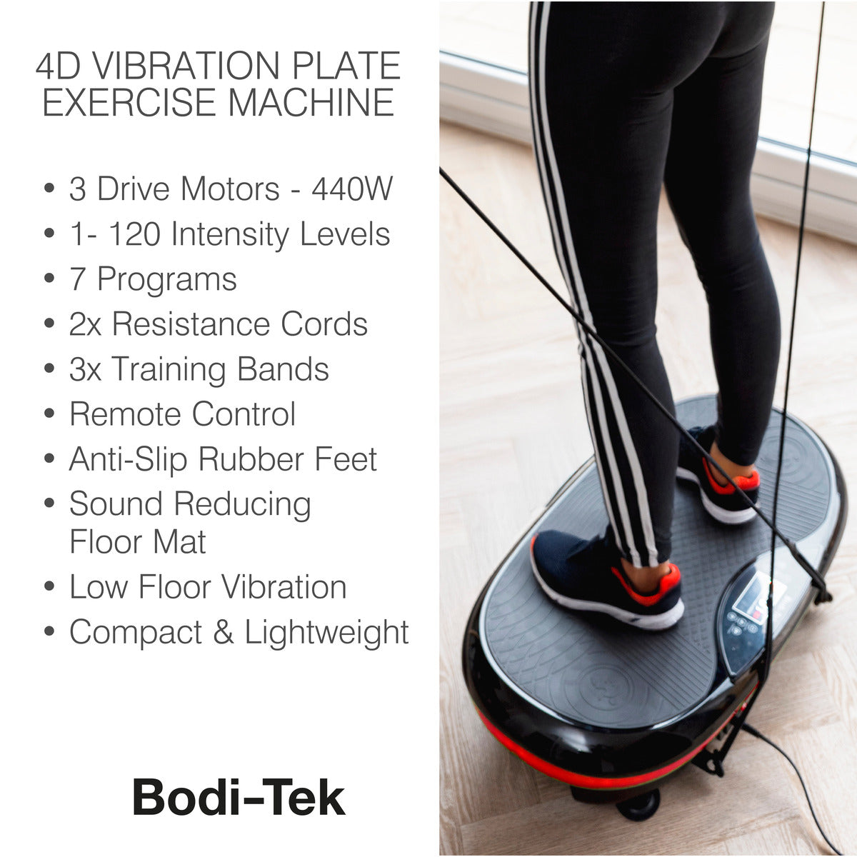 A person stands on the 4D Vibration Plate Exercise Machine with resistance bands for a full body workout. Features include 3 motors, 120 intensity levels, 7 preset programs, and anti-slip feet.