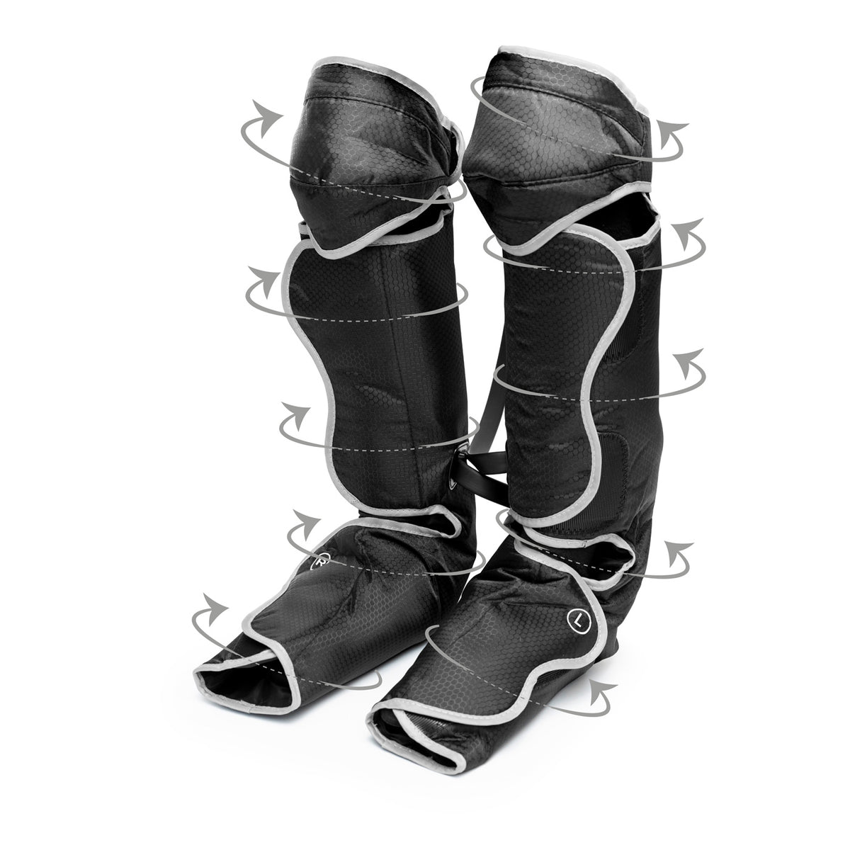 The Comfort360° Air Compression Half Leg Massager Boot in black features foot, calf, and thigh coverage. Shown upright with gray arrows indicating massage programs for lower leg therapy and white trim outlining the edges.