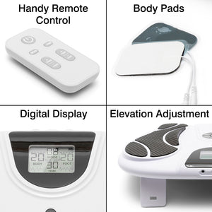 A collage featuring the Circulation Plus Revive Pro remote control, adhesive body pads, digital display screen, and elevation adjustment highlights this EMS muscle stimulator and foot massager.
