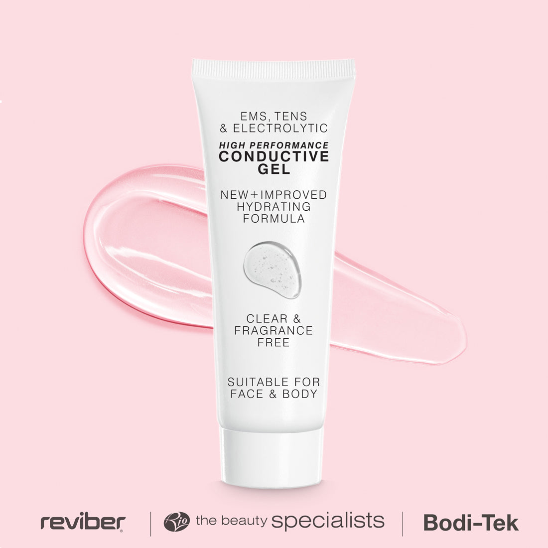 The EMS, TENS & Micro-Current Toning Conductive Gel 85ml stands upright on a pink background with a smear of clear gel behind it. The tube states it's clear, fragrance free, suitable for face and body—ideal for EMS and micro-current devices.