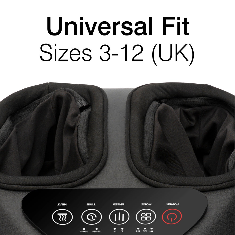 Close-up of the Foot-Therapy 3 in 1 Massager in black, featuring two foot openings and a control panel. Enjoy soothing shiatsu massage designed for universal fit, accommodating UK sizes 3-12.