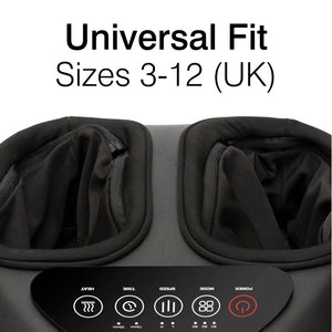 Close-up of the Foot-Therapy 3 in 1 Massager in black, featuring two foot openings and a control panel. Enjoy soothing shiatsu massage designed for universal fit, accommodating UK sizes 3-12.