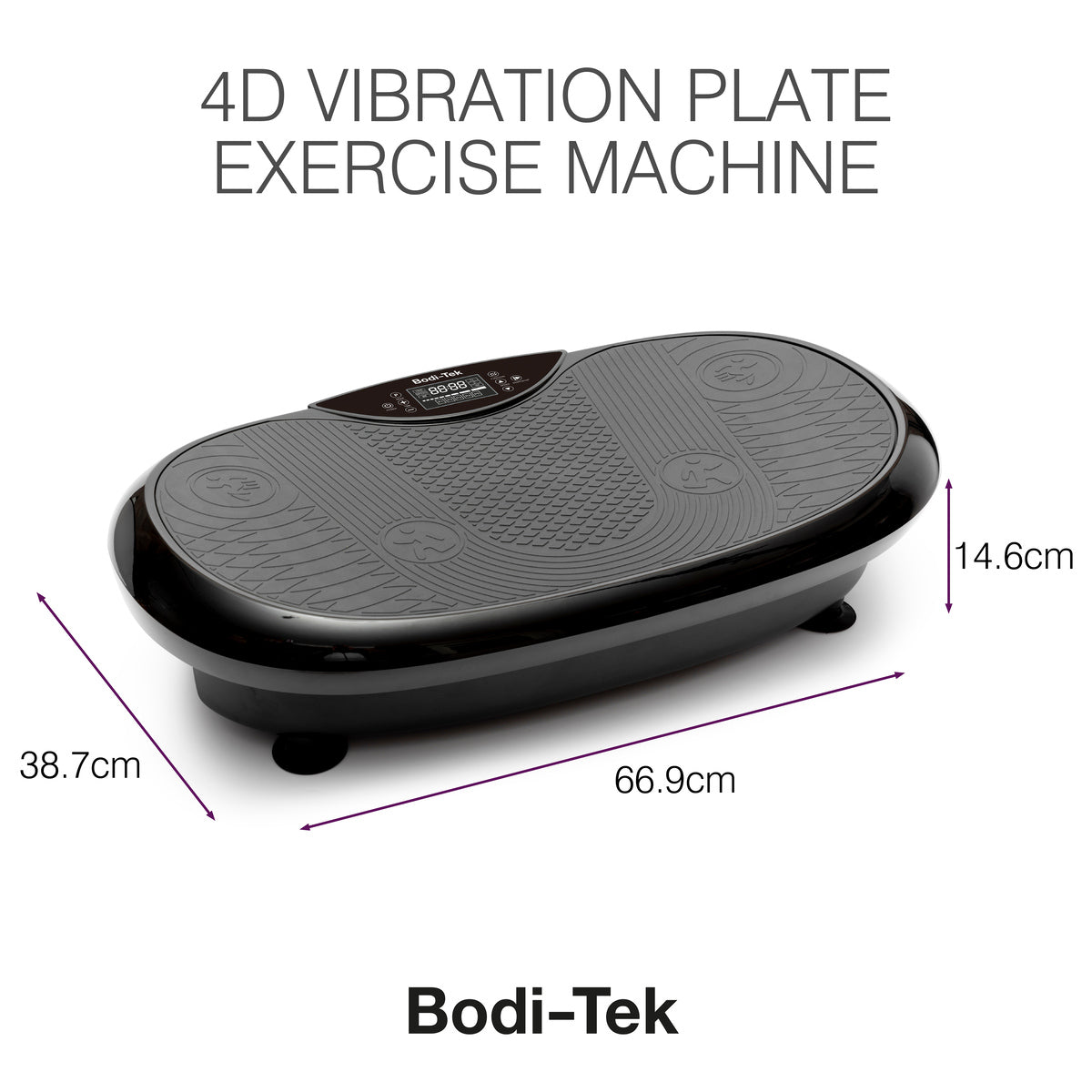 The 4D Vibration Plate Exercise Machine, shown in black and grey against a white background, offers a full body workout to help burn fat. Dimensions: 66.9 cm wide, 38.7 cm deep, and 14.6 cm high.