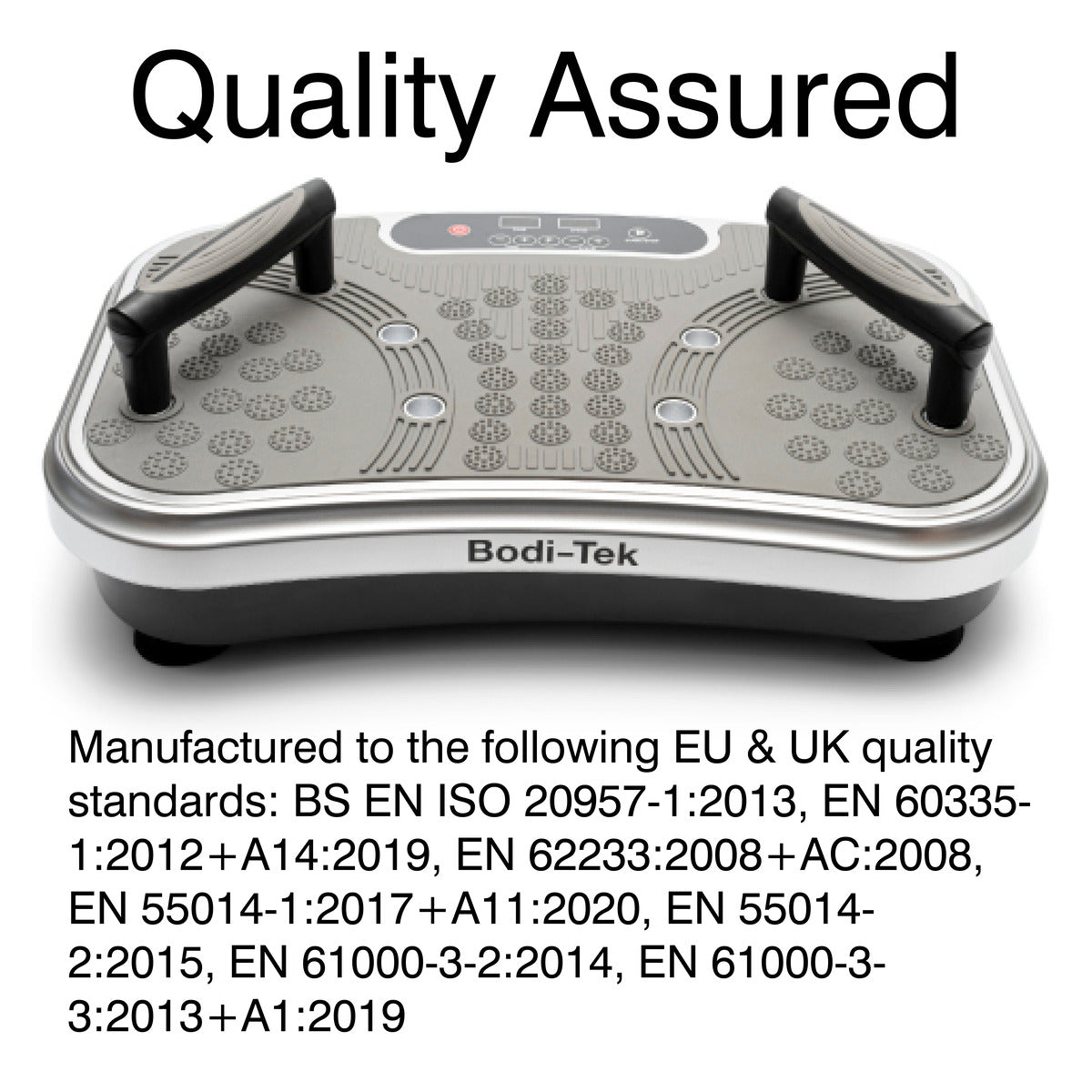 The Vibration Plate Exerciser Pro features two handles, a Quality Assured label above, and EU/UK standards below—perfect for vibration workouts to tone muscles and burn fat.