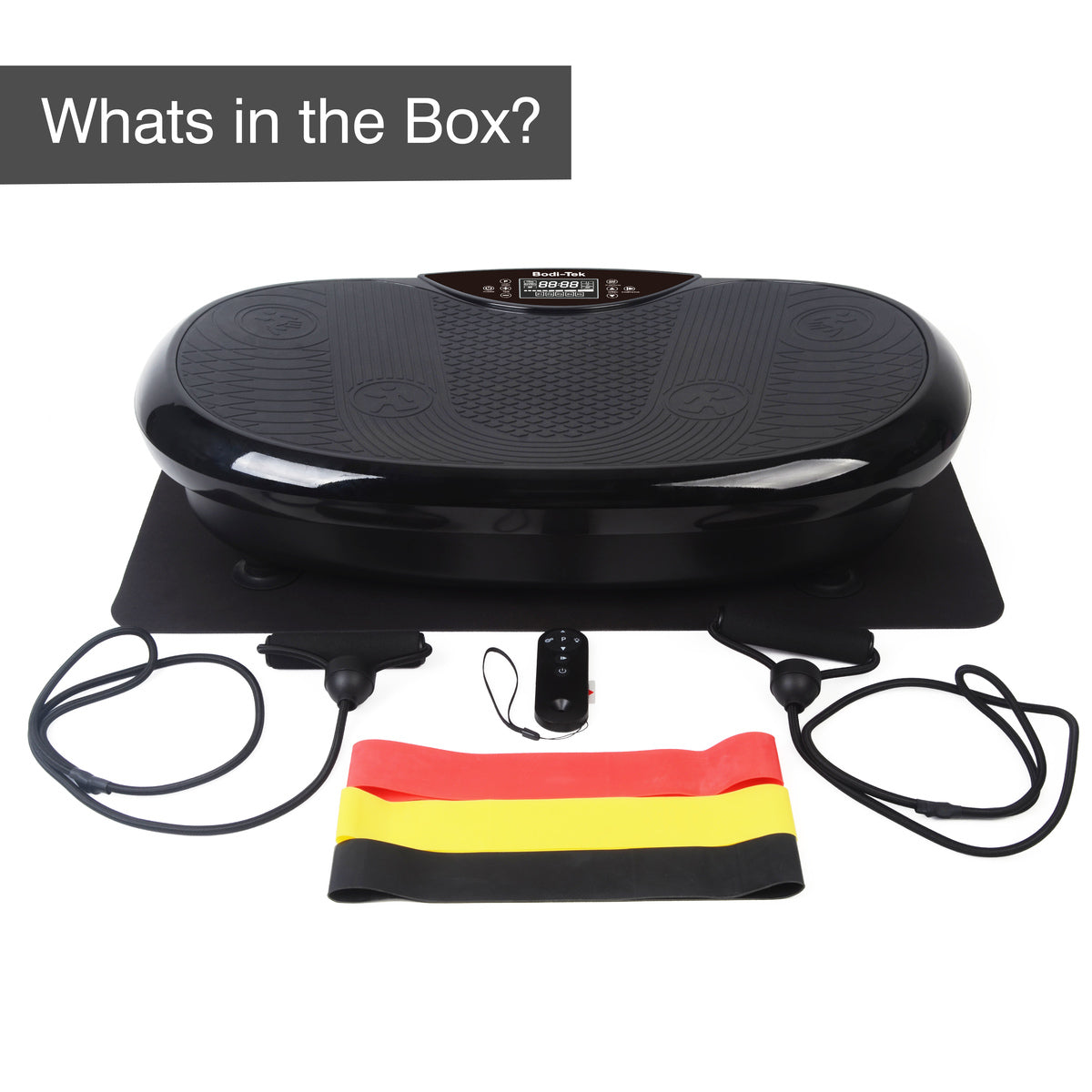The 4D Vibration Plate Exercise Machine in black provides a full body workout and includes a remote, resistance bands, workout mat, and multicolored resistance bands. “What’s in the Box?” appears on a label in the top left corner.