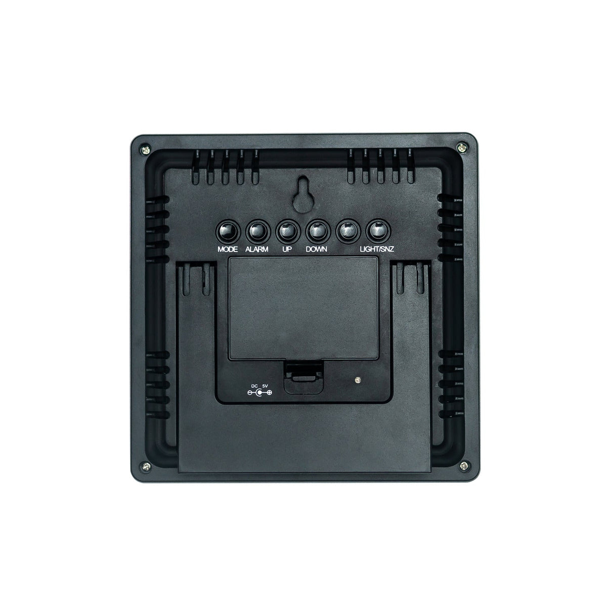 The Digital Weather Station is a compact black panel with six labeled buttons (Mode, Alarm, Up, Down, Light/SNZ), a battery compartment, and a foldable stand that monitors indoor/outdoor temperature for wireless weather updates.