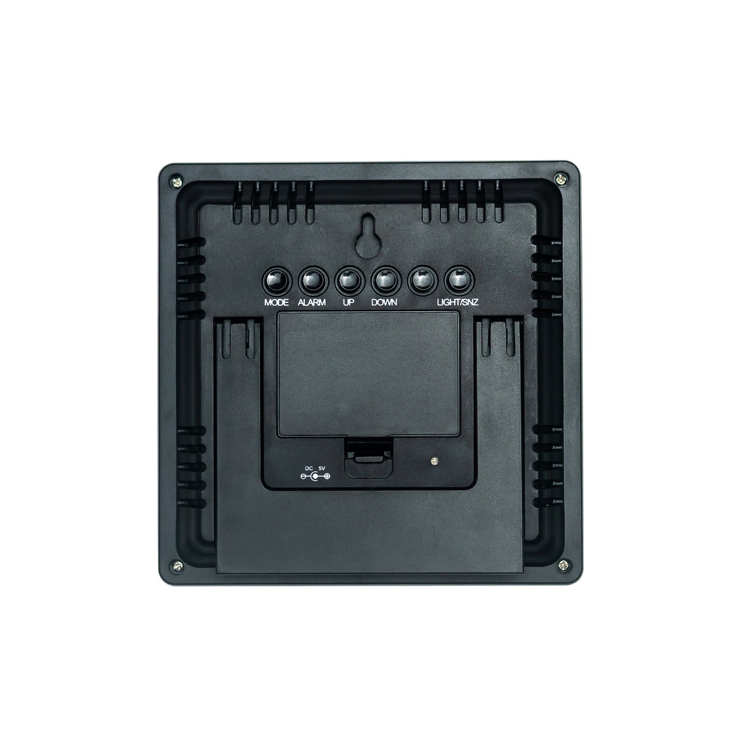The Digital Weather Station is a compact black panel with six labeled buttons (Mode, Alarm, Up, Down, Light/SNZ), a battery compartment, and a foldable stand that monitors indoor/outdoor temperature for wireless weather updates.