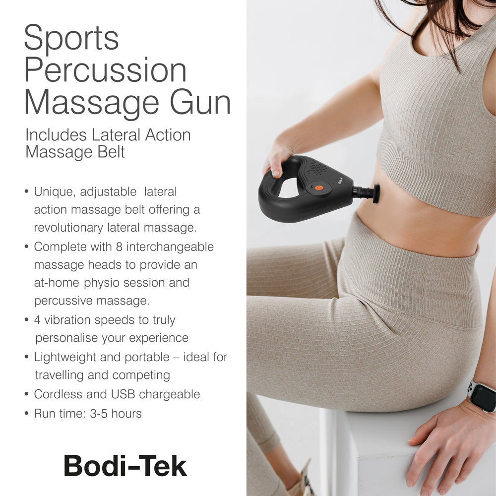 A woman in beige activewear uses the SPORTS PERCUSSION MASSAGE GUN WITH LATERAL ACTION BELT on her abdomen for muscle recovery. Text highlights adjustable settings, portability, and a 3-5 hour run time.