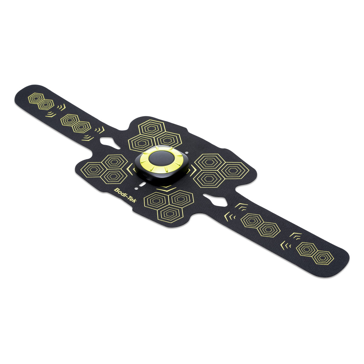 The Abs and Oblique Trainer Pro is a black and yellow electronic muscle stimulator pad with hexagonal patterns, two extended straps, and a circular control unit that targets your core abs for effective stimulation.