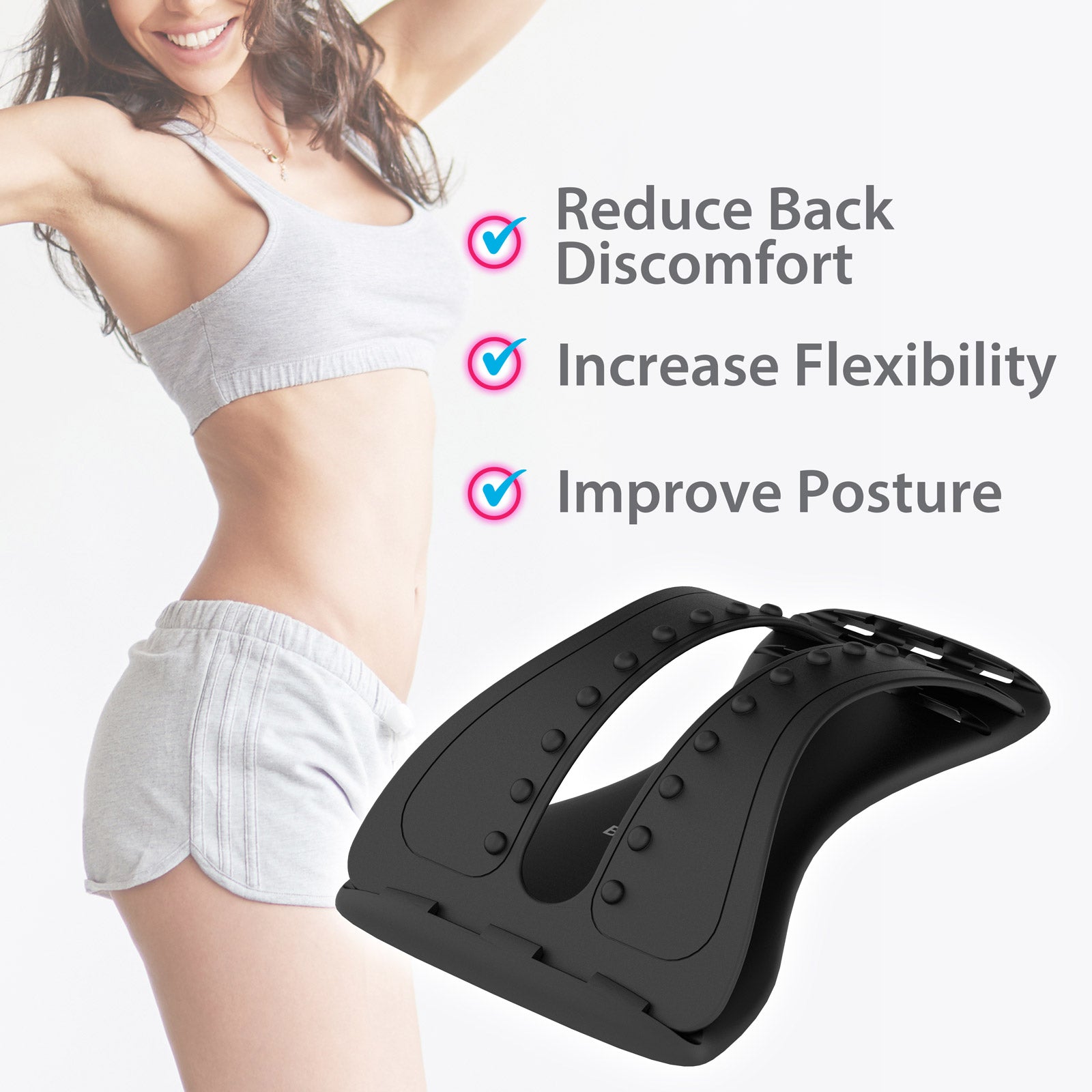A smiling woman wearing exercise clothes stretches with the Back Magic device. Three benefits are highlighted: reduce back discomfort, increase flexibility, and improve posture. The back stretcher is prominently shown beside her.
