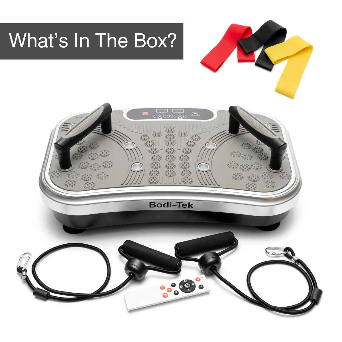 Vibration Plate Exerciser Pro with handles, remote, two resistance bands, and three resistance loops (red, yellow, black) for muscle toning exercises. Shown on a white background with “What’s In The Box?” at the top left.