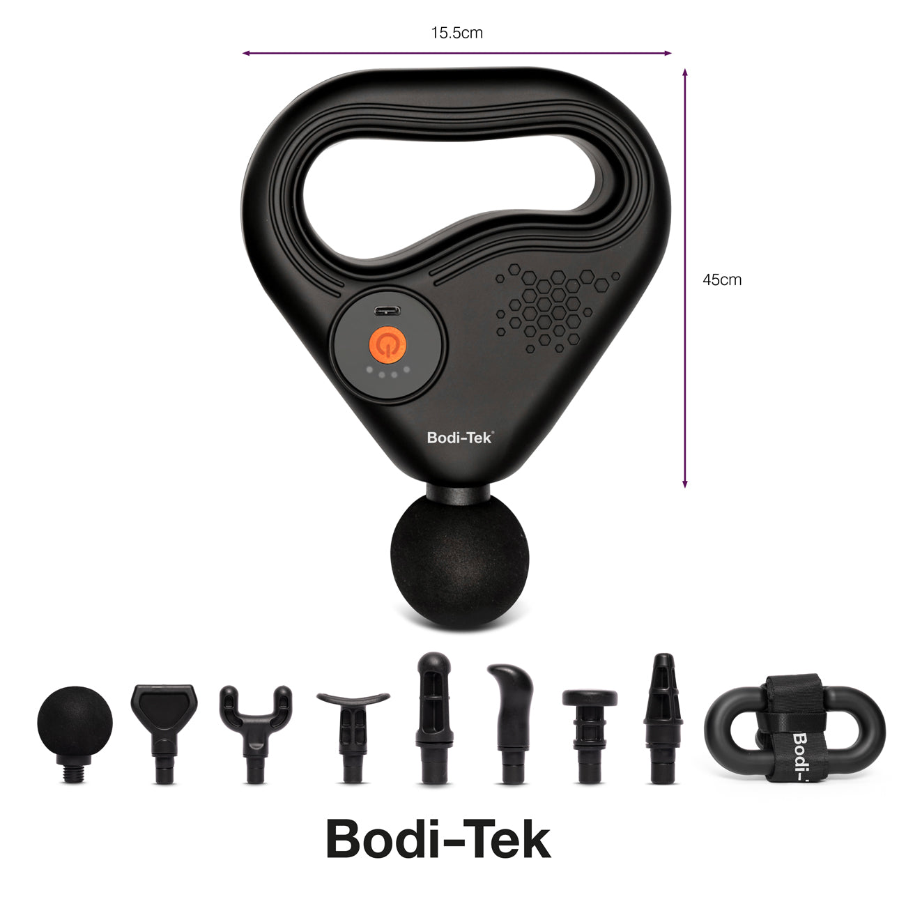The SPORTS PERCUSSION MASSAGE GUN WITH LATERAL ACTION BELT features a circular handle, power button, and multiple interchangeable heads for muscle recovery. Dimensions: 15.5 cm wide, 45 cm tall.
