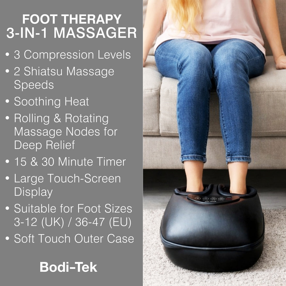 A woman relaxes on a sofa, using the Foot-Therapy 3 in 1 Massager. Text highlights its features: shiatsu massage settings to boost circulation, adjustable compression levels, and convenient timer functions.