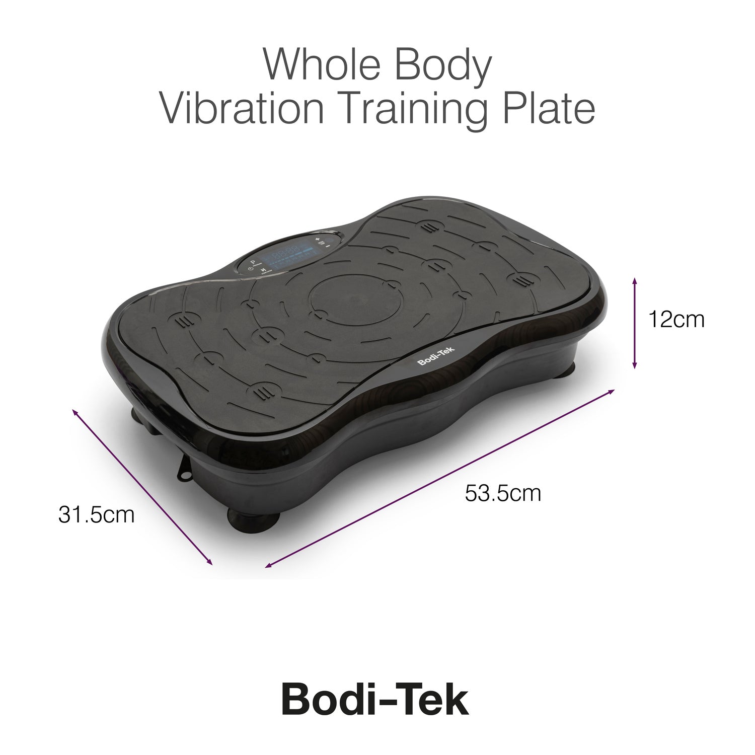 The Whole Body Vibration Training Exercise Plate is shown in black, featuring a textured surface, user-friendly control panel, and measuring 53.5 cm wide, 31.5 cm deep, and 12 cm high—ideal for a full body workout.