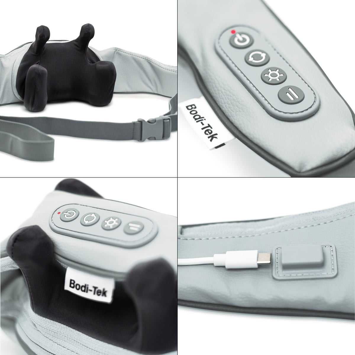 A four-panel image shows a grey Ona Neck & Shoulder Massager: close-ups of control buttons, soft cushioning, an adjustable strap, and a USB charging port for soothing infrared heat.