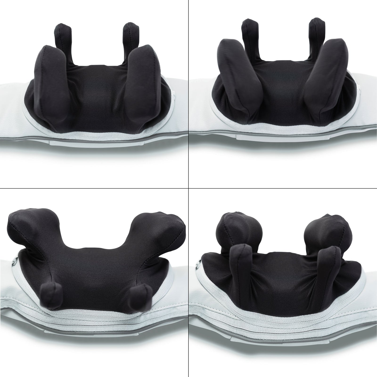 Four images show various angles of the Ona Neck & Shoulder Massager, a padded black cushion attached to a light grey fabric base, designed for use with car seats or strollers.