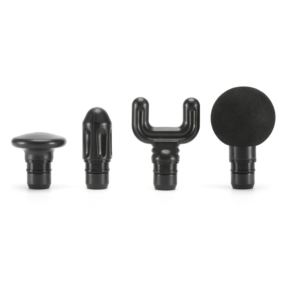 Four black attachments for the Mini Deep Tissue Massage Gun are displayed upright in a row on a white background, each featuring a unique shape: flat, bullet, fork, and round foam head.