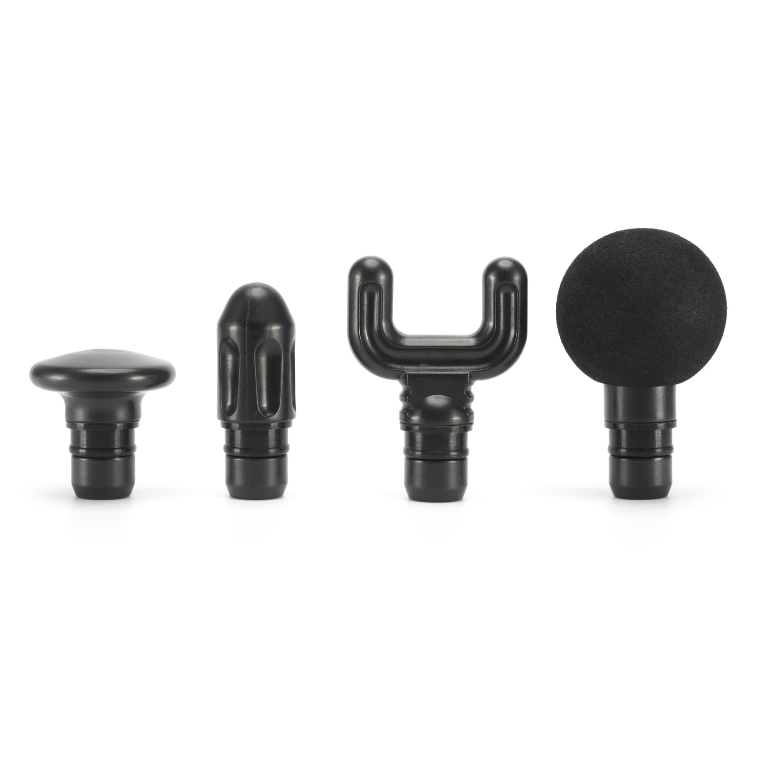 Four black attachments for the Mini Deep Tissue Massage Gun are displayed upright in a row on a white background, each featuring a unique shape: flat, bullet, fork, and round foam head.