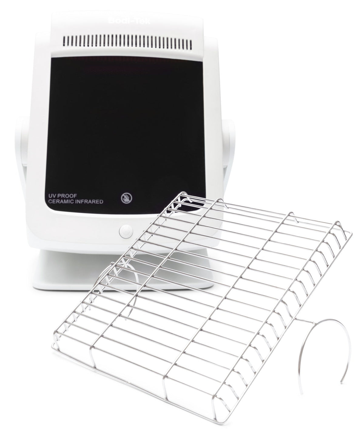 The Infrared Heat Lamp features a white tabletop UV-proof ceramic design, a large black display, and a detachable metal wire rack. Resembling an infrared therapy lamp, it promotes blood circulation and provides efficient heating.