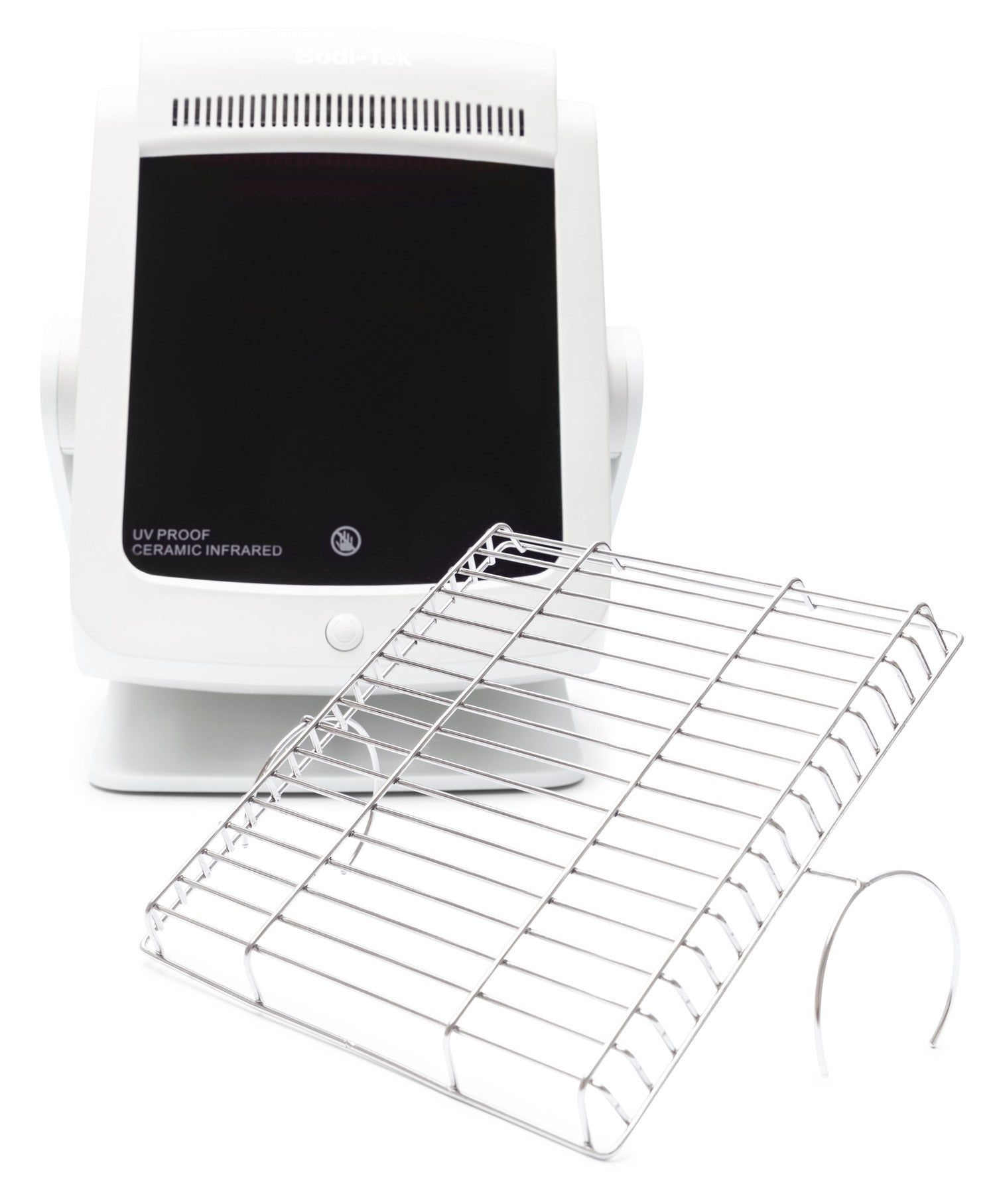 The Infrared Heat Lamp features a white tabletop UV-proof ceramic design, a large black display, and a detachable metal wire rack. Resembling an infrared therapy lamp, it promotes blood circulation and provides efficient heating.