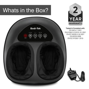 The Foot-Therapy 3 in 1 Massager in black features a digital control panel and power adapter. Enjoy shiatsu massage for improved circulation. Includes a 2-year warranty, meets compliance standards. Top of box asks, "What's in the Box?.