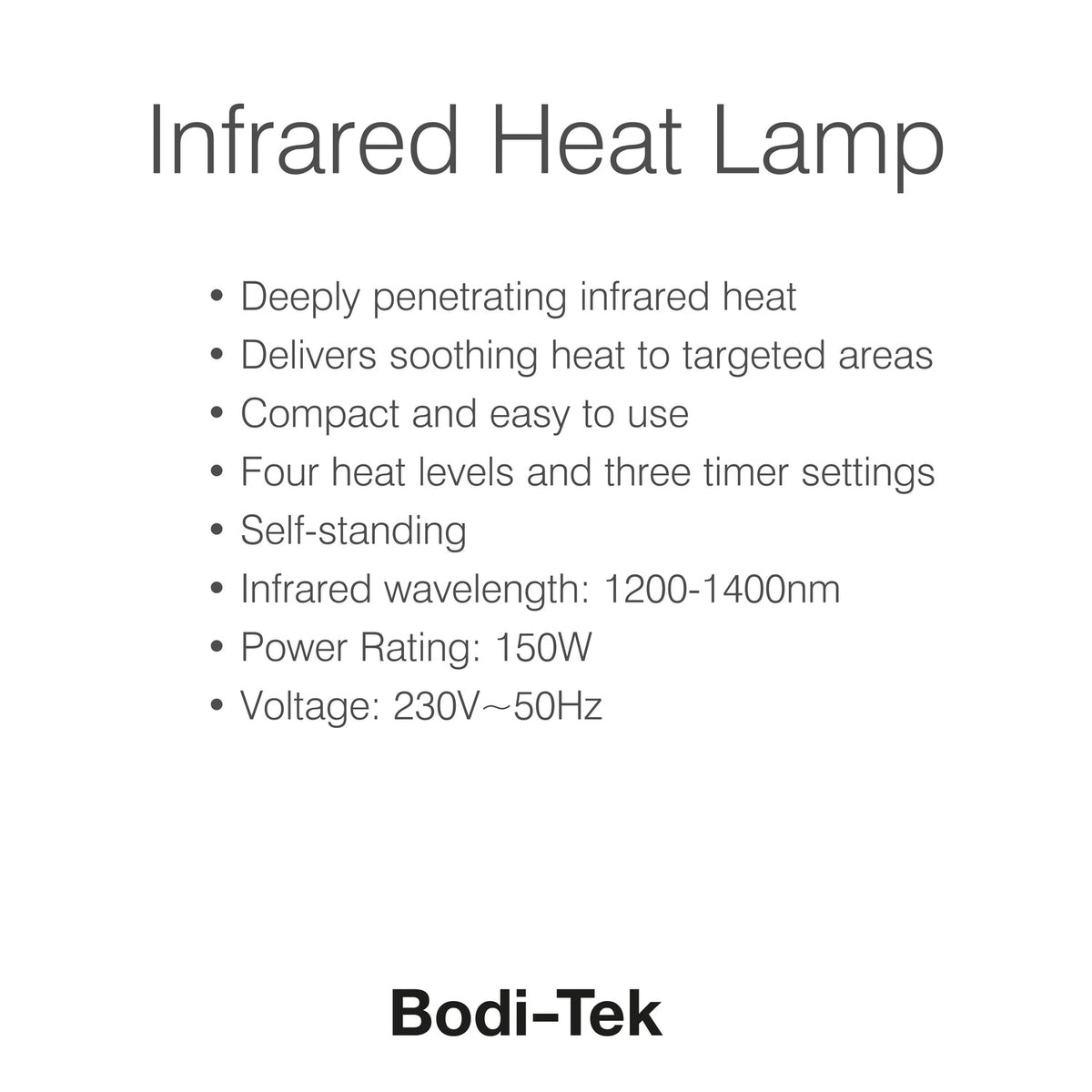 Text graphic titled Infrared Heat Lamp with bullet points listing features such as muscle and joint relief and a shatterproof bulb. The product name, Infrared Heat Lamp, appears at the bottom.
