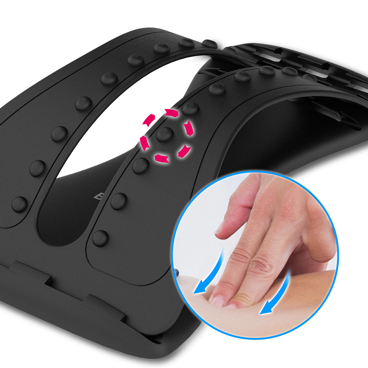 A close-up of the Back Magic back stretcher, focusing on the acupressure nodes, with an inset image showing fingers pressing on the nodes to mimic a massage effect.