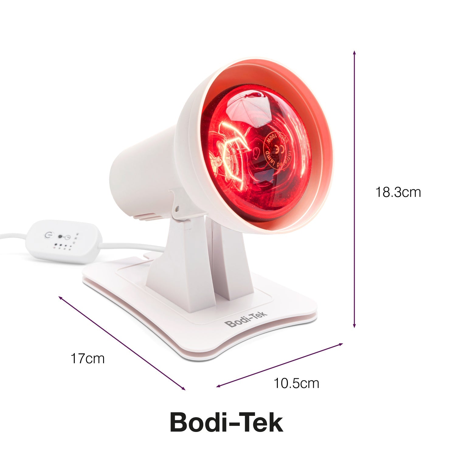 The Infrared Heat Lamp is a white Bodi-Tek device with a shatterproof red bulb, measuring 18.3 cm tall, 17 cm deep, and 10.5 cm wide. It features an on/off switch on the power cord for convenient muscle and joint relief.