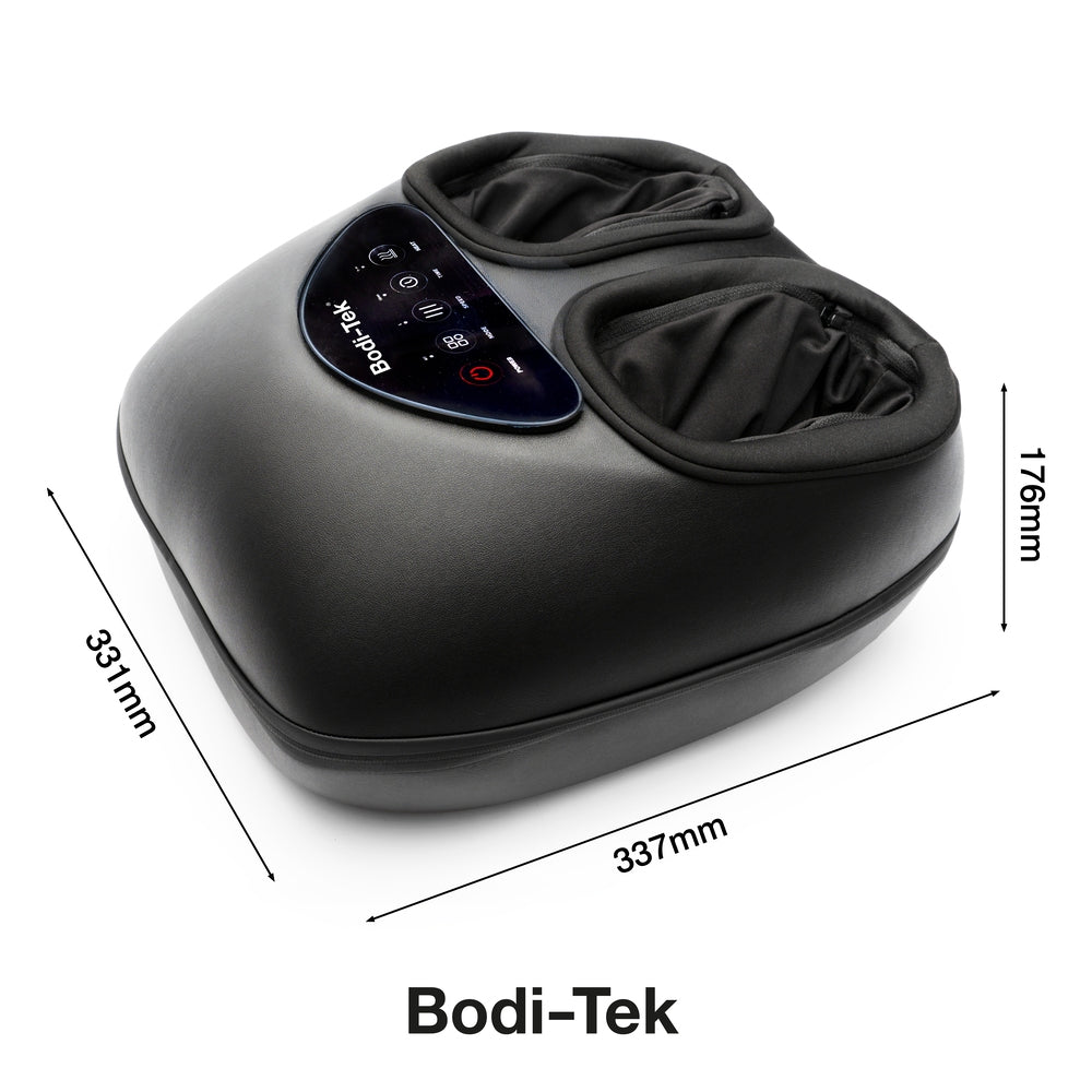 The Foot-Therapy 3 in 1 Massager by Bodi-Tek features a top control panel and delivers shiatsu massage via two foot openings. It measures 337mm wide, 331mm deep, and 176mm high, with the Bodi-Tek logo displayed below.