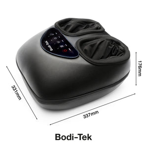 The Foot-Therapy 3 in 1 Massager by Bodi-Tek features a top control panel and delivers shiatsu massage via two foot openings. It measures 337mm wide, 331mm deep, and 176mm high, with the Bodi-Tek logo displayed below.