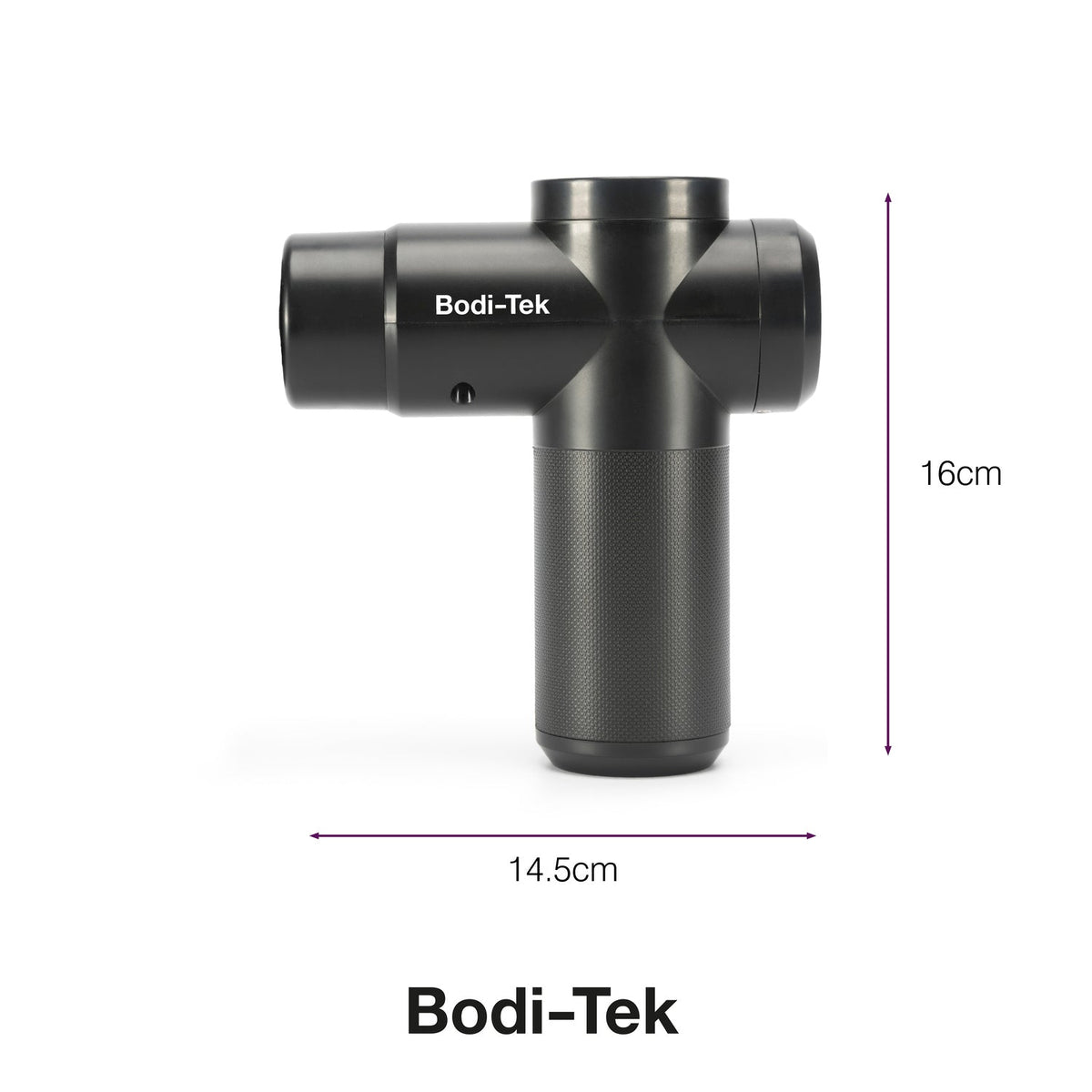 The Hot & Cold Deep Tissue Massager Gun by Bodi-Tek is shown upright with labeled dimensions: 16 cm tall and 14.5 cm wide. The Bodi-Tek brand name is printed on the side, making it ideal for muscle recovery.
