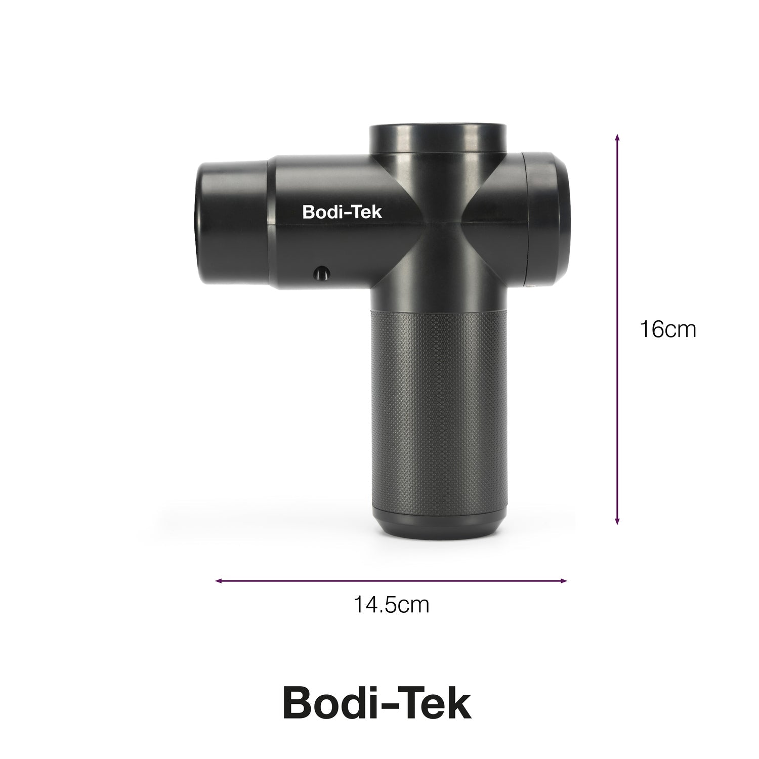 The Hot & Cold Deep Tissue Massager Gun by Bodi-Tek is shown upright with labeled dimensions: 16 cm tall and 14.5 cm wide. The Bodi-Tek brand name is printed on the side, making it ideal for muscle recovery.