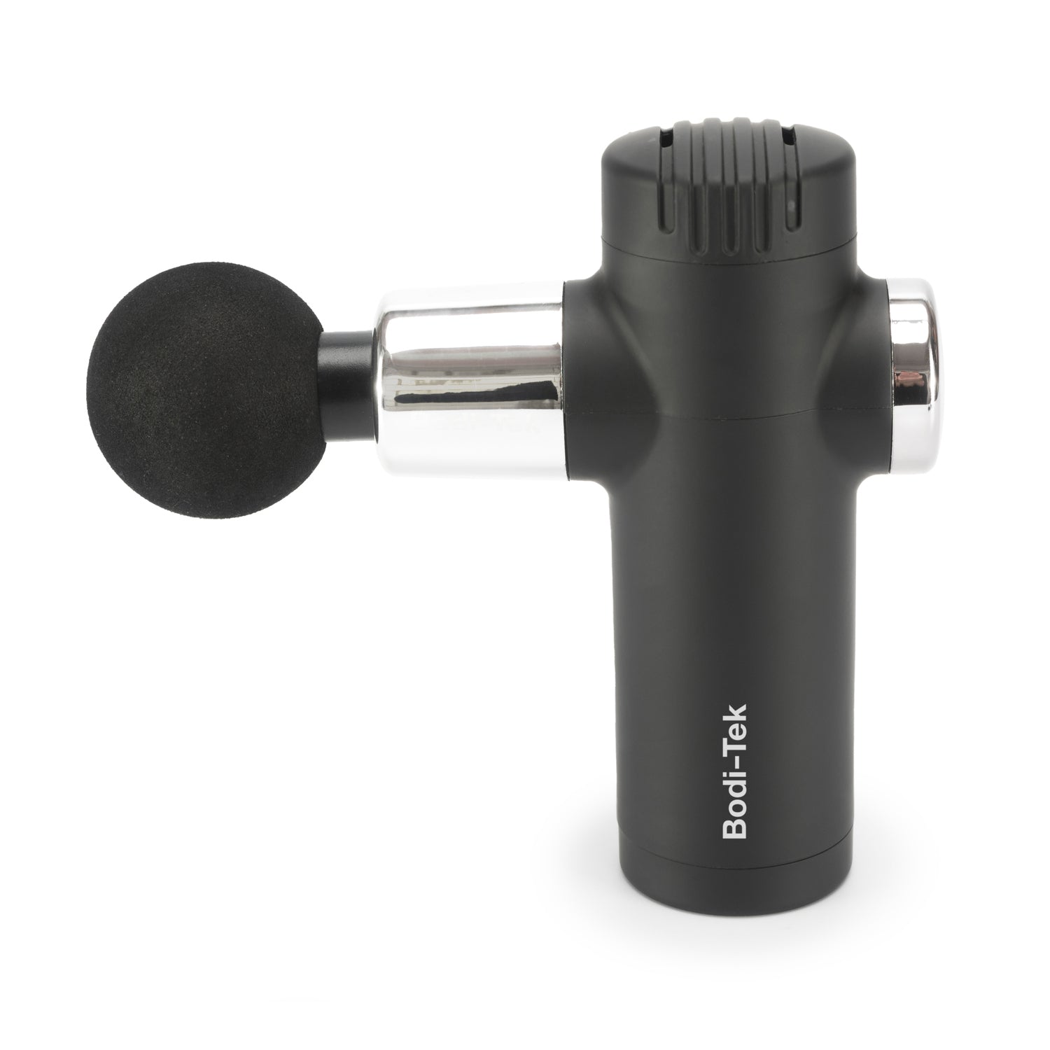 A black and silver Mini Deep Tissue Massage Gun with a round foam attachment is shown against a white background.