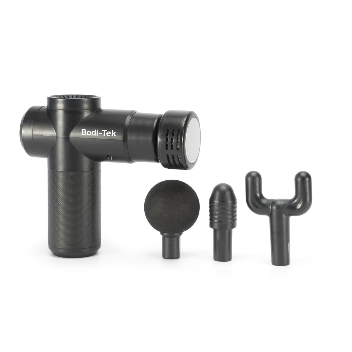 The Hot & Cold Deep Tissue Massager Gun in black, featuring three detachable heads—round, bullet, and fork—for muscle recovery, is shown against a white background.