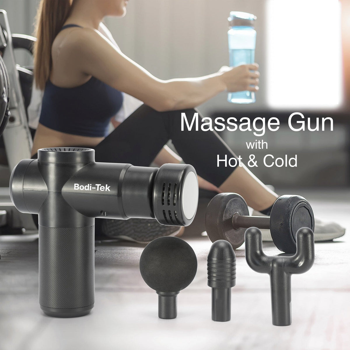 A Hot & Cold Deep Tissue Massager Gun with three attachments and a dumbbell are in the foreground. In the background, a woman in workout clothes holds a water bottle. Text reads: Massage Gun with Hot & Cold.
