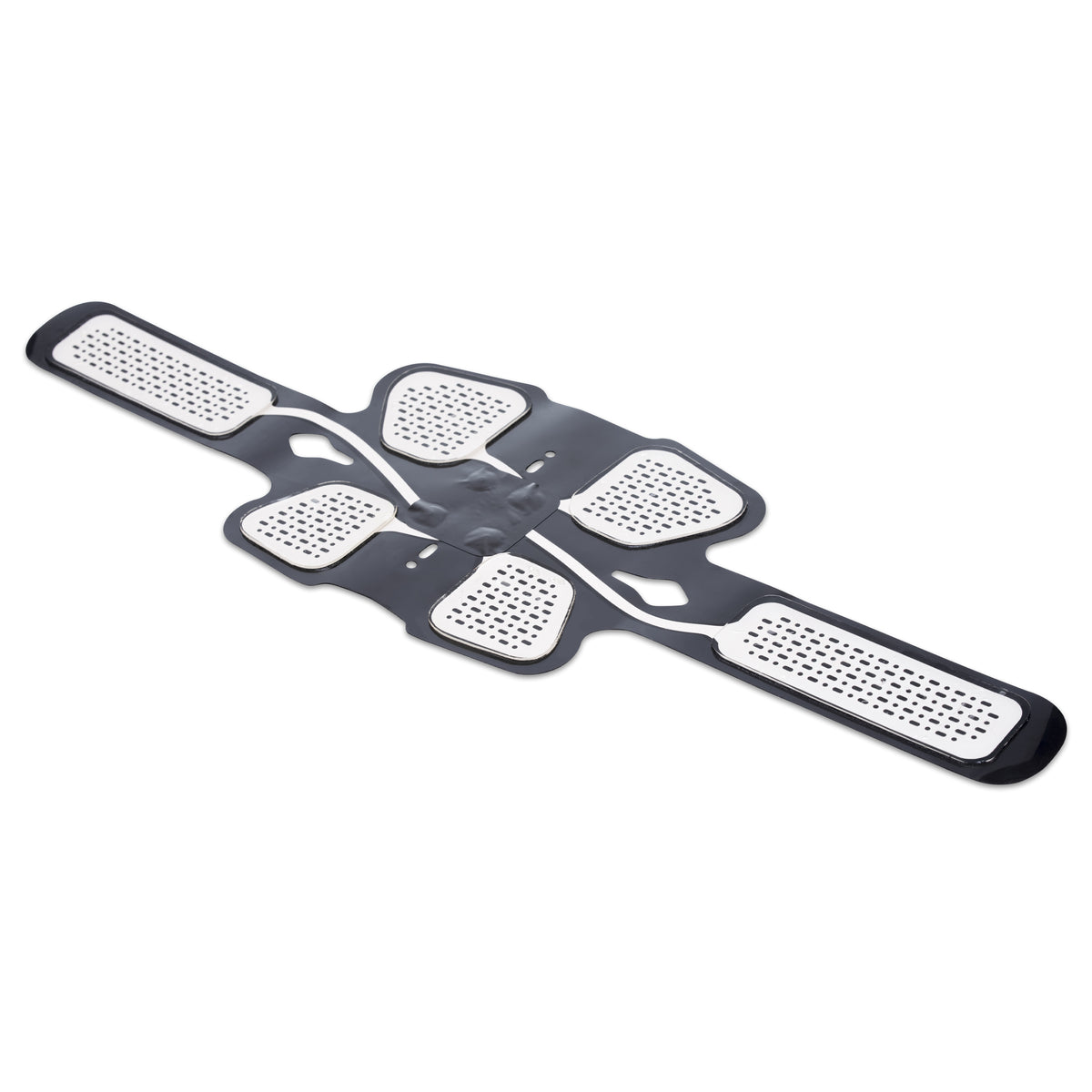 The Abs and Oblique Trainer Pro is a black and white flexible electronic pad with multiple rectangular and square electrodes, designed to be worn on the body for effective core ab muscle stimulation or therapy.